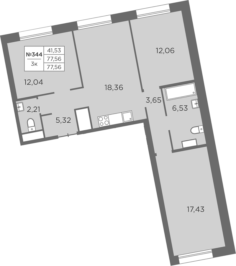 3-комнатная квартира 77.56 м², 6/8 эт., ЖК «Северная Корона»